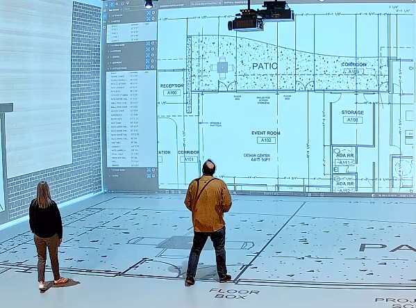 A commercial floor plan reviewed at full 1:1 scale on the Walk Your Plans NWA studio canvas